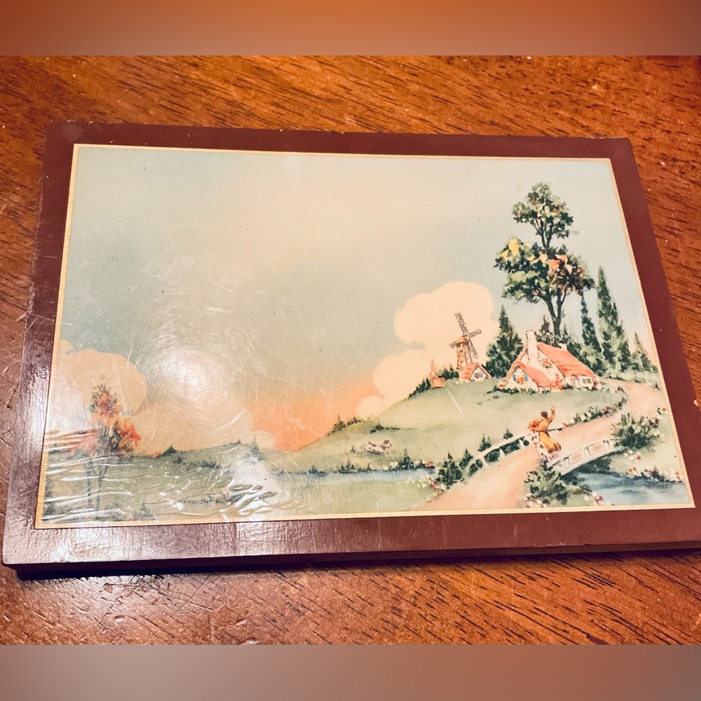 Vintage Mounted Print Wooden Plaque‎ Windmill Farm Countryside Scene 1932